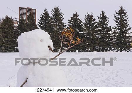 Snowman, with smaller snowman in the background, in a park in winter; Edmonton, Alberta, Canada View Large Photo Image Stock Image - Snowman, with smaller snowman in the background, in a park in winter; Edmonton, Alberta, Canada. Fotosearch