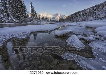 Stock Image - Sunset over the Wheaton River as the light hits Grey Ridge, near Whitehorse; Yukon, Canada. Fotosearch
