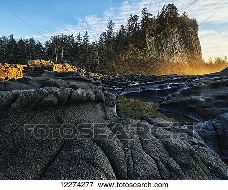 Stock Photo - The volcanic bedrock near Tow Hill, Haida Gwaii at sunset; British Columbia, Canada. Fotosearch