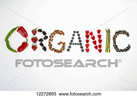 The word Organic spelled from peppers, strawberries, blackberries, almonds, blueberries, raspberries, asparagus, and pumpkin seeds on a white background; Calgary, Alberta, Canada View Large Photo Image Stock Image - The word Organic spelled from peppers, strawberries, blackberries, almonds, blueberries, raspberries, asparagus, and pumpkin seeds on a white background; Calgary, Alberta, Canada. Fotosearch