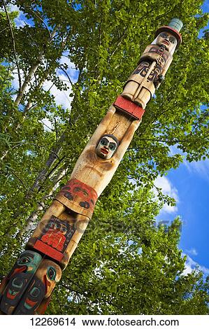 Totem pole at Eyak, Tlingit, Haida and Tsimshian Site, Alaska Native Heritage Centre; Anchorage, Alaska, United States of America View Large Photo Image Picture - Totem pole at Eyak, Tlingit, Haida and Tsimshian Site, Alaska Native Heritage Centre; Anchorage, Alaska, United States of America. Fotosearch