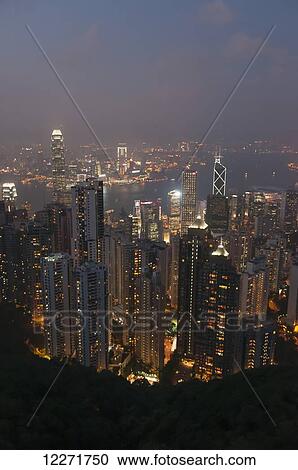 Stock Image - View from Victoria Peak of the island of Hong Kong at night; Hong Kong, China. Fotosearch