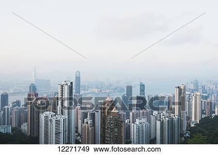 Stock Photo - View from Victoria Peak of the island of Hong Kong; Hong Kong, China. Fotosearch