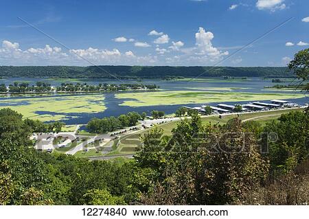 Stock Image - View of Bussey Lake and boat docks along the Mississippi River; Guttenberg, Iowa, United States of America. Fotosearch