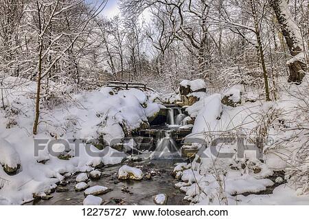 Waterfall under snow-covered rustic bridge, Central Park; New York City, New York, United States of America View Large Photo Image Stock Photo - Waterfall under snow-covered rustic bridge, Central Park; New York City, New York, United States of America. Fotosearch