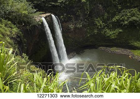 Stock Image - Waterfall with pool, Wailua Falls, near Lihue; Kauai, Hawaii, United States of America. Fotosearch