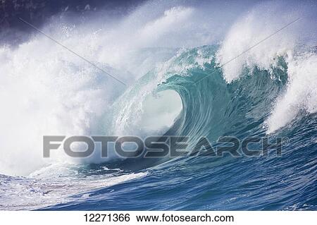 Stock Photograph - Waves breaking at Waimea Bay on the North shore of Oahu; Oahu, Hawaii, United States of America. Fotosearch