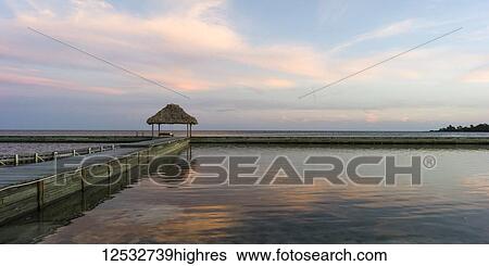 Stock Photograph - A bench on a dock facing the coastline and open ocean at sunrise; Belize. Fotosearch
