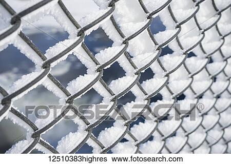 Stock Photograph - A chain link fence covered in snow and frost; Minnesota, United States of America. Fotosearch