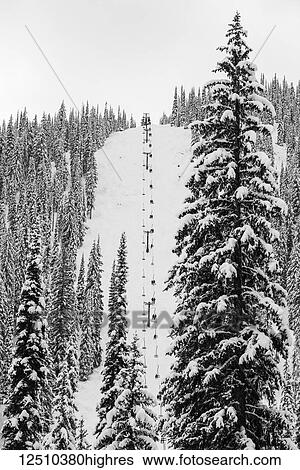 Stock Photograph - A chair lift going up a steep slope on a snow covered ski hill at Whitewater Resort; Nelson, British Columbia, Canada. Fotosearch