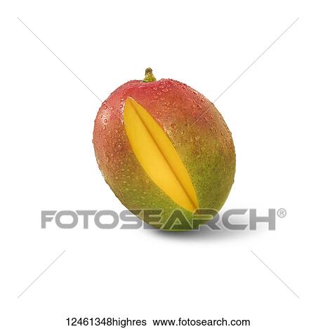 Stock Photograph - A fresh mango with water droplets and a thin slice out of it on a white background. Fotosearch