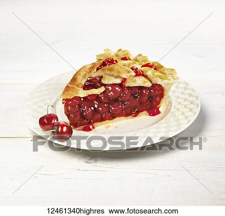 A piece of cherry pie on a white plate with a fresh cherry on the side View Large Photo Image Stock Photograph - A piece of cherry pie on a white plate with a fresh cherry on the side. Fotosearch