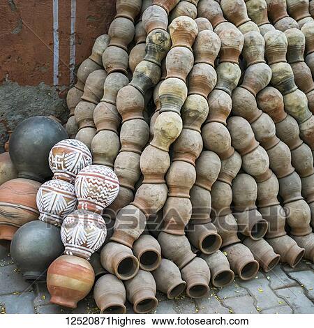 Stock Photograph - A pile of clay pots; Jaipur, Rajasthan, India. Fotosearch