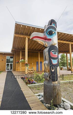 A row of totem poles outside of a log lodge, Whitehorse, Yukon Territory, Canada, View Large Photo Image Stock Image - A row of totem poles outside of a log lodge, Whitehorse, Yukon Territory, Canada, . Fotosearch