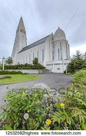 Stock Photograph - A side view of the iconic Hallgrimskirkja in Reykjavik, Iceland, the tallest church in the country; Reykjavik, Iceland. Fotosearch