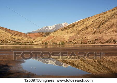 A snow-capped mountain range reflects in a pool in a dry desert lake. The scene is lit by warm early morning light; Potrerillos, Mendoza, Argentina View Large Photo Image Stock Photograph - A snow-capped mountain range reflects in a pool in a dry desert lake. The scene is lit by warm early morning light; Potrerillos, Mendoza, Argentina. Fotosearch