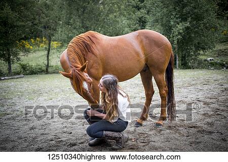 A teenage girl crouching down to talk to and care for her horse; British Columbia, Canada View Large Photo Image Stock Photograph - A teenage girl crouching down to talk to and care for her horse; British Columbia, Canada. Fotosearch