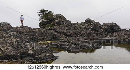 A teenage girl stands on the rugged rocks along the coast of Vancouver Island with the cloud and mist; Ucluelet, British Columbia, Canada View Large Photo Image Stock Photograph - A teenage girl stands on the rugged rocks along the coast of Vancouver Island with the cloud and mist; Ucluelet, British Columbia, Canada. Fotosearch