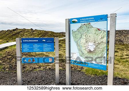 Stock Photograph - A tourist information sign at Snaefellsjokull National Park in Western Iceland; Iceland. Fotosearch