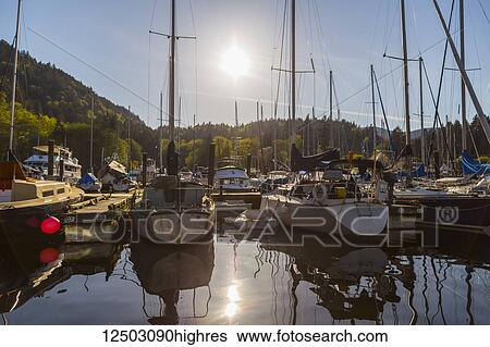 A tranquil sunny afternoon as the sun sets behind the marina at Snug Cove, Bowen Island on the West Coast near Vancouver; Bowen Island, British Columbia, Canada View Large Photo Image Stock Photograph - A tranquil sunny afternoon as the sun sets behind the marina at Snug Cove, Bowen Island on the West Coast near Vancouver; Bowen Island, British Columbia, Canada. Fotosearch