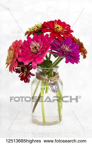 Stock Photograph - A variety of coloured Zinnia flowers in a simple glass vase with a decorative heart pendant held in place with a jute string. Fotosearch