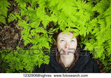 Stock Photograph - A woman lays her head on the forest floor among the bright green, lush ferns; Alaska, United States of America. Fotosearch