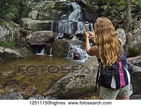 Stock Photograph - A woman takes a cell phone picture of Laurel Falls on a summer day in Great Smokey Mountains National Park; Sevierville, Tennessee, United States of America. Fotosearch