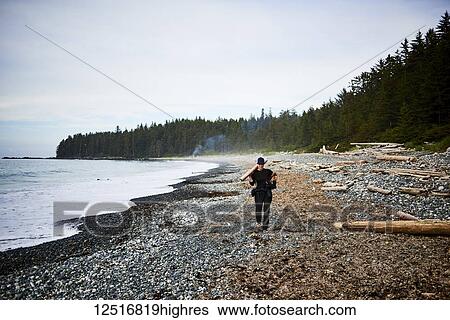Stock Photograph - A woman walks along a rocky beach collecting firewood in Cape Scott Provincial Park, Vancouver Island; British Columbia, Canada. Fotosearch
