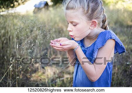 Stock Photograph - A young girl blows a small grain from her cupped hands into the air; Salmon Arm, British Columbia, Canada. Fotosearch