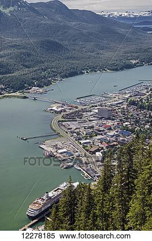 Aerial view from the Mt. Roberts Tramway of Gastineau channel, Douglas Island, and Juneau with Holland America cruise ship visible, Southeast Alaska View Large Photo Image Stock Photography - Aerial view from the Mt. Roberts Tramway of Gastineau channel, Douglas Island, and Juneau with Holland America cruise ship visible, Southeast Alaska. Fotosearch