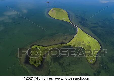 Stock Photograph - Aerial view of extinct volcanoes in Lake Myvatn, Northern Iceland; Iceland. Fotosearch