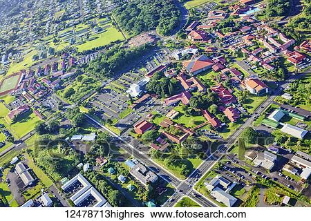 Stock Photograph - Aerial view of University of Hawaii campus at Hilo; Hilo, Island of Hawaii, Hawaii, United States of America. Fotosearch