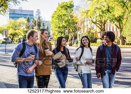 Stock Photograph - An ethnically diverse group of university students walk and talk together on the campus in autumn; Edmonton, Alberta, Canada. Fotosearch