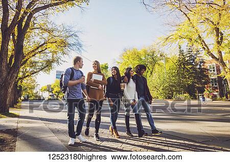 An ethnically diverse group of university students walk and talk together on the campus in autumn; Edmonton, Alberta, Canada View Large Photo Image Stock Photograph - An ethnically diverse group of university students walk and talk together on the campus in autumn; Edmonton, Alberta, Canada. Fotosearch