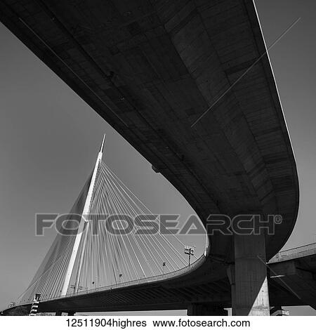 Stock Photograph - Architectural detail of the Ada Bridge over the Sava River; Belgrade, Vojvodina, Serbia. Fotosearch