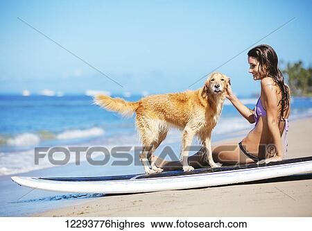 Stock Photograph - Attractive Young Woman Enjoying Sunny Day At The Beach With Her Dog, Golden Retriever. Fotosearch