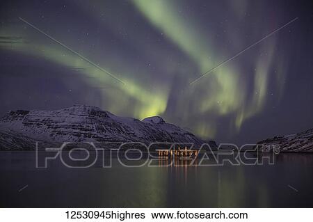 Stock Photograph - Aurora Borealis, or Northern lights; Djupavik, West Fjords, Iceland. Fotosearch