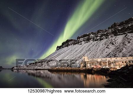 Stock Photograph - Aurora Borealis, or Northern lights; Djupavik, West Fjords, Iceland. Fotosearch