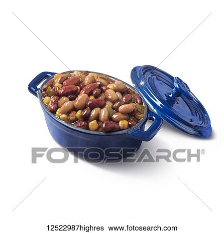 Stock Photograph - Baked beans in a ceramic pot against a white background. Fotosearch