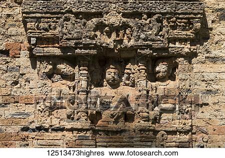 Stock Photograph - Bas-relief on the octagonal N11 tower in Prasat Sambor, the North Group, Sambor Prei Kuk; Kompong Thom, Cambodia. Fotosearch