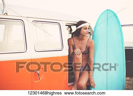 Beach Lifestyle, Beautiful Surfer Girl With Classic Vintage Surf Van On The Beach At Sunset View Large Photo Image Stock Photograph - Beach Lifestyle, Beautiful Surfer Girl With Classic Vintage Surf Van On The Beach At Sunset. Fotosearch