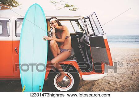 Beach Lifestyle, Beautiful Surfer Girl With Classic Vintage Surf Van On The Beach At Sunset View Large Photo Image Stock Photograph - Beach Lifestyle, Beautiful Surfer Girl With Classic Vintage Surf Van On The Beach At Sunset. Fotosearch