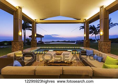 Beautiful Luxury Home, Exterior Patio Lounge At Sunset View Large Photo Image Stock Photograph - Beautiful Luxury Home, Exterior Patio Lounge At Sunset. Fotosearch