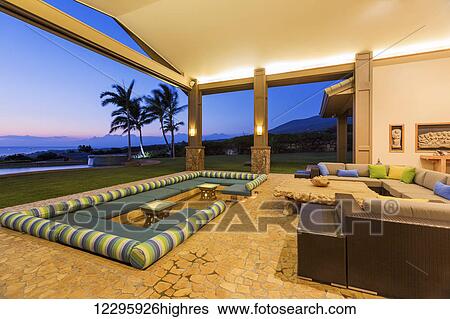 Beautiful Luxury Home, Exterior Patio Lounge At Sunset View Large Photo Image Stock Photograph - Beautiful Luxury Home, Exterior Patio Lounge At Sunset. Fotosearch