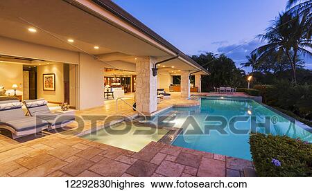 Stock Photograph - Beautiful Luxury Home With Swimming Pool At Sunset. Fotosearch