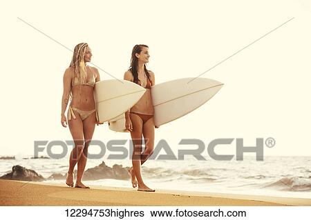 Beautiful Surfer Girls Walking On The Beach At Sunset View Large Photo Image Stock Photograph - Beautiful Surfer Girls Walking On The Beach At Sunset. Fotosearch