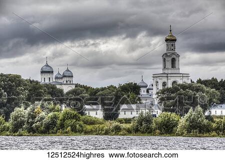 Stock Photograph - Belfry (right), Zverin Monastery; Veliky Novgorod, Novgorod Oblast, Russia. Fotosearch