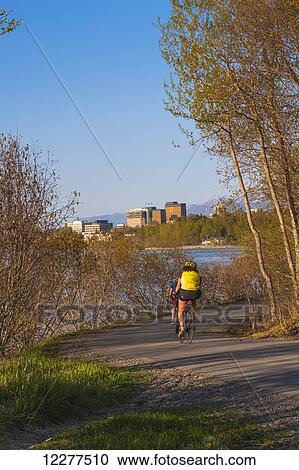 Bicyclist on the Tony Knowles Coastal Trail near downtown Anchorage, Alaska, Spring View Large Photo Image Stock Image - Bicyclist on the Tony Knowles Coastal Trail near downtown Anchorage, Alaska, Spring. Fotosearch