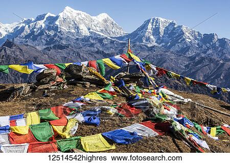 Buddhist prayer flags at the summit of Pikey Peak in the Himalayas; Nepal View Large Photo Image Stock Photograph - Buddhist prayer flags at the summit of Pikey Peak in the Himalayas; Nepal. Fotosearch