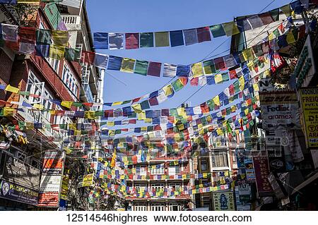 Stock Photograph - Buddhist prayer flags in the city of Kathmandu; Kathmandu, Nepal. Fotosearch
